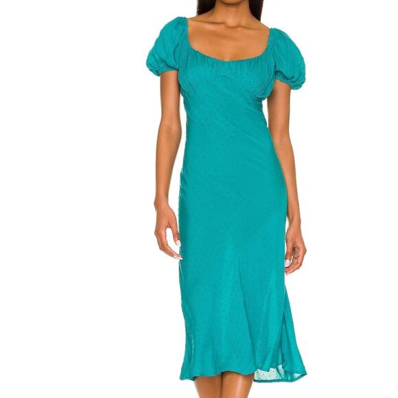 NWT MAJORELLE Solare Midi Dress Swiss Dot Teal Blue Medium - Picture 1 of 7